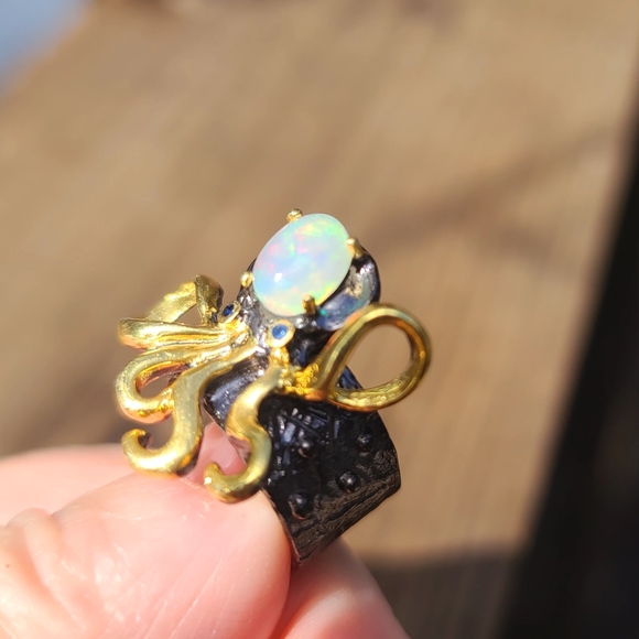 Opal & Sapphire Sterling rhodium & gold Octopus 🐙 ring sz5 - Picture 7 of 7